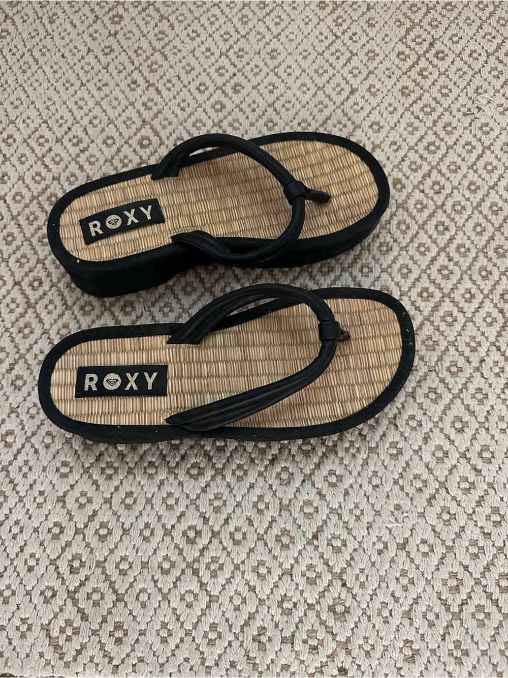 Roxy Black Strapped Sandal with Natural Woven Footbed